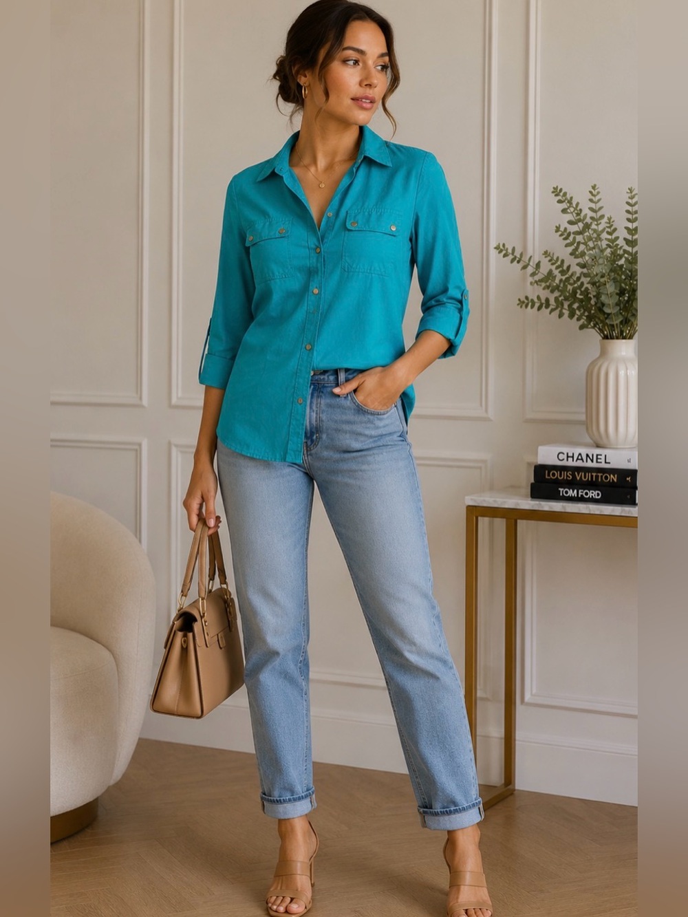 🦋Cathy Teal Button Front Utility Blouse | Size L